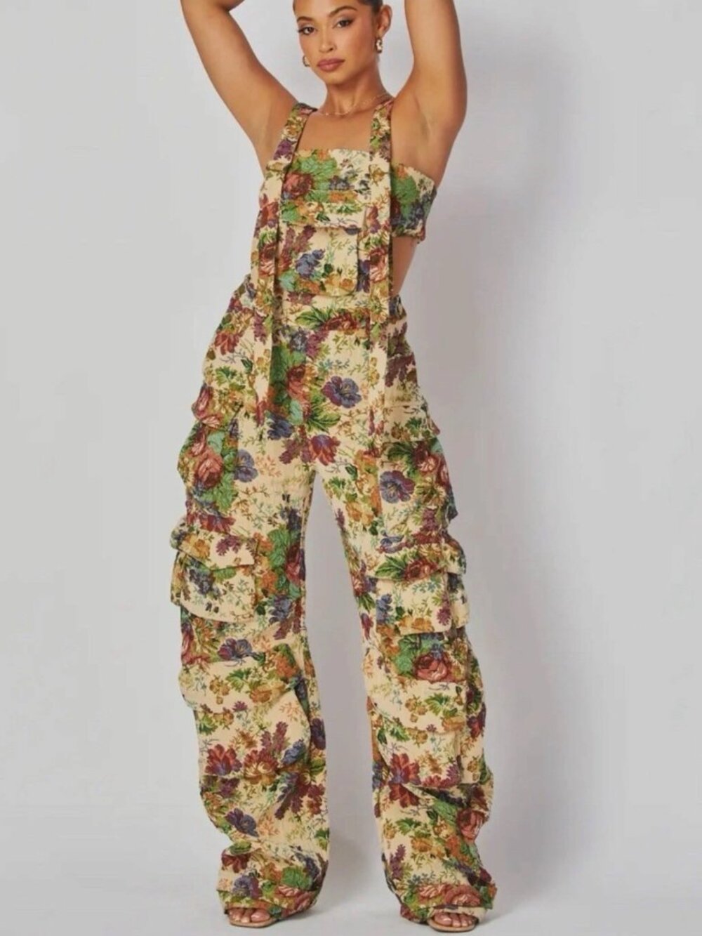 Tapestry Jacquard Cargo Overall Jumpsuit Floral Beige Size S Relax Loose Fit